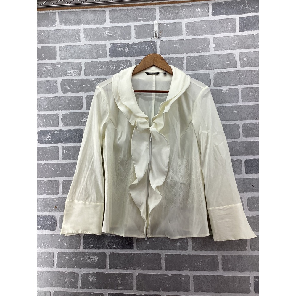 Samuel Dong Cream Ruffle Zip Front Embroidered Blouse Medium Off White Top